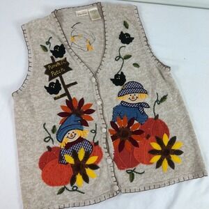 Vintage Bobbie Brooks Fall Sweater Vest Pumpkin Patch Scarecrow Black Birds L